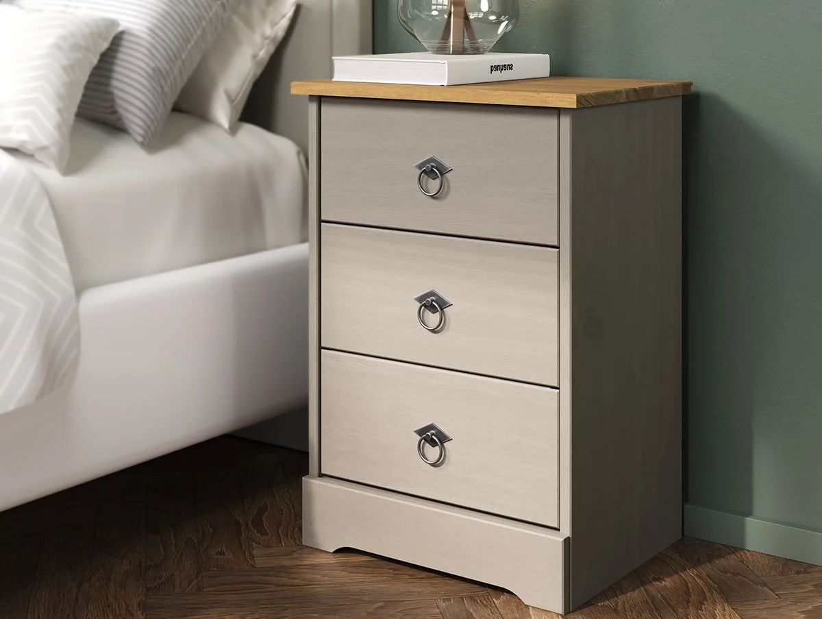 Core Core Corona Compact Grey and Pine 3 Drawer Bedside Table