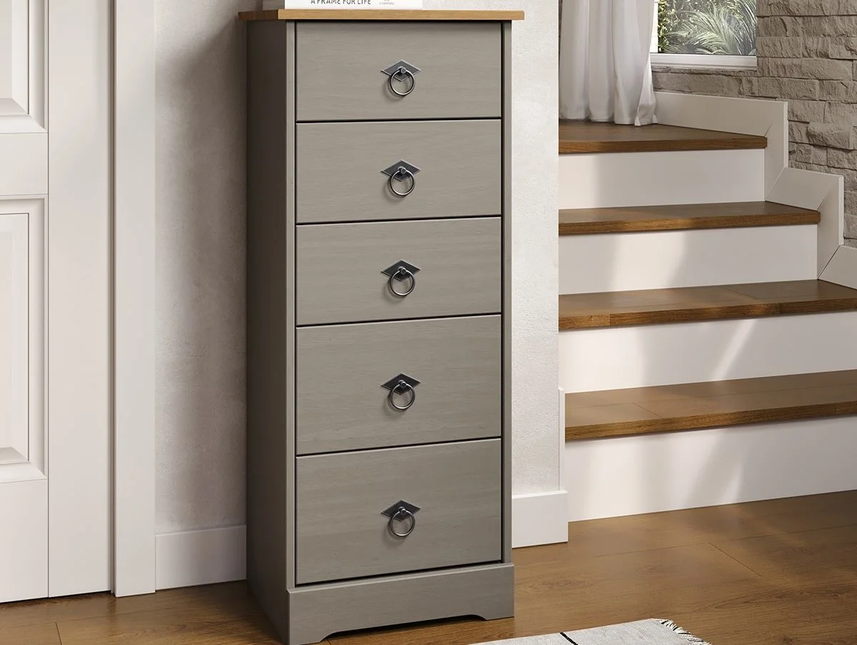 Core Core Corona Compact Grey and Waxed Pine 5 Drawer Narrow Chest of Drawers