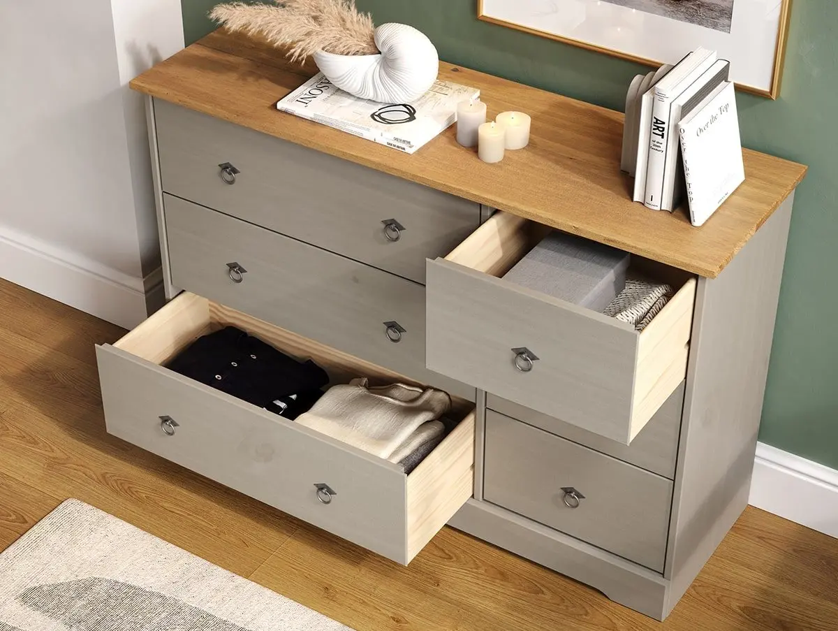 Core Core Corona Compact Grey and Waxed Pine 3+3 Drawer Wide Chest of Drawers