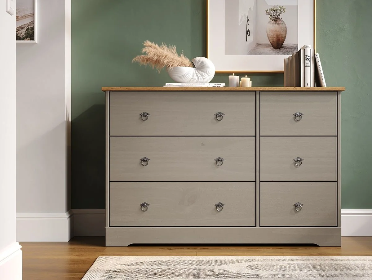 Core Core Corona Compact Grey and Waxed Pine 3+3 Drawer Wide Chest of Drawers