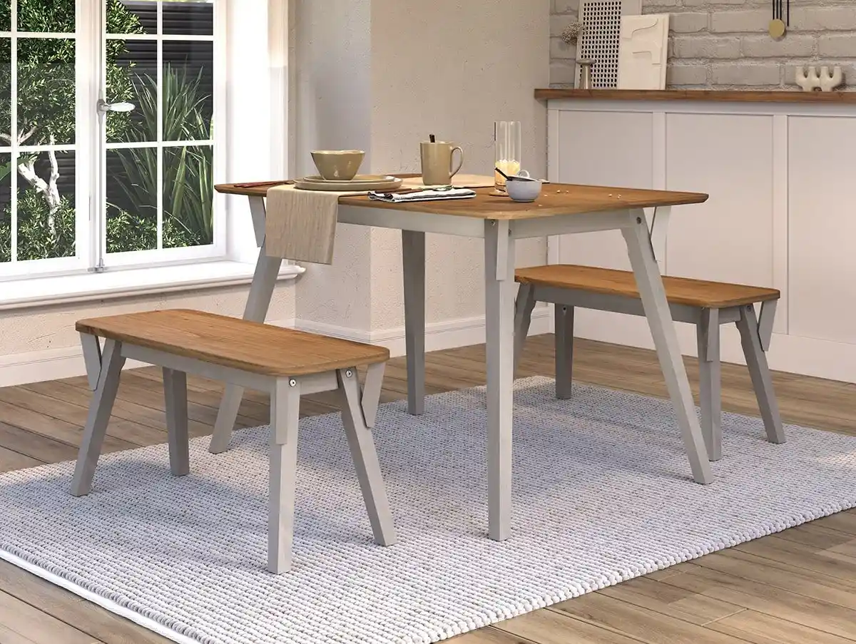 Core Core Corona Grey and Waxed Pine Large Dining Table and 2 Bench Set