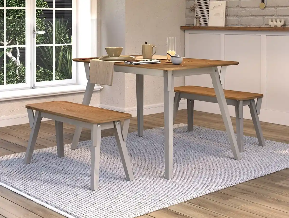 Core Core Corona Grey and Waxed Pine Small Dining Table and 2 Bench Set