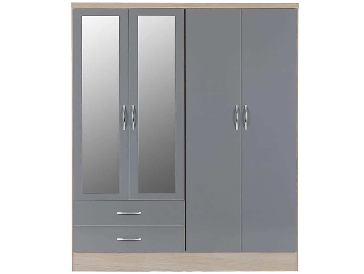 Seconique Seconique Nevada Grey Gloss and Oak 4 Door 2 Drawer Mirrored Wardrobe