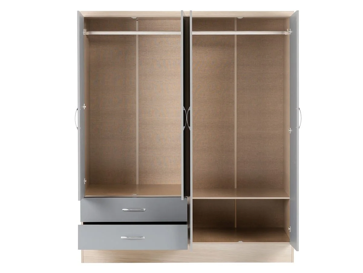Seconique Seconique Nevada Grey Gloss and Oak 4 Door 2 Drawer Mirrored Wardrobe