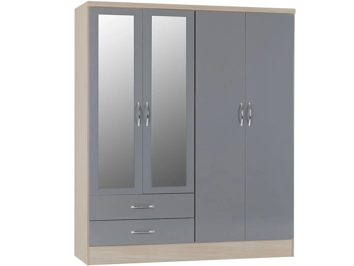 Seconique Seconique Nevada Grey Gloss and Oak 4 Door 2 Drawer Mirrored Wardrobe