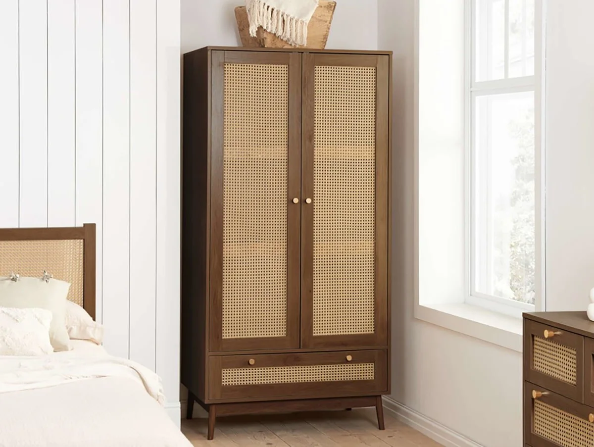 Birlea Birlea Croxley Rattan and Walnut 2 Door 1 Drawer Wardrobe