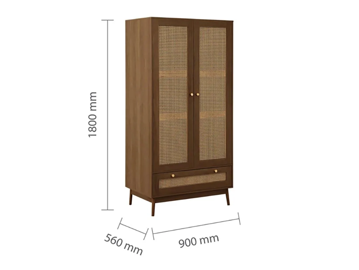 Birlea Birlea Croxley Rattan and Walnut 2 Door 1 Drawer Wardrobe