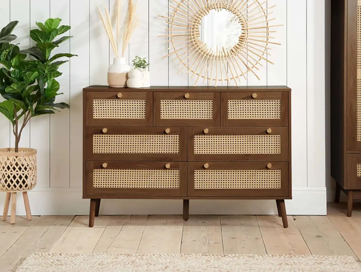 Birlea Birlea Croxley Rattan and Walnut 7 Drawer Chest of Drawers