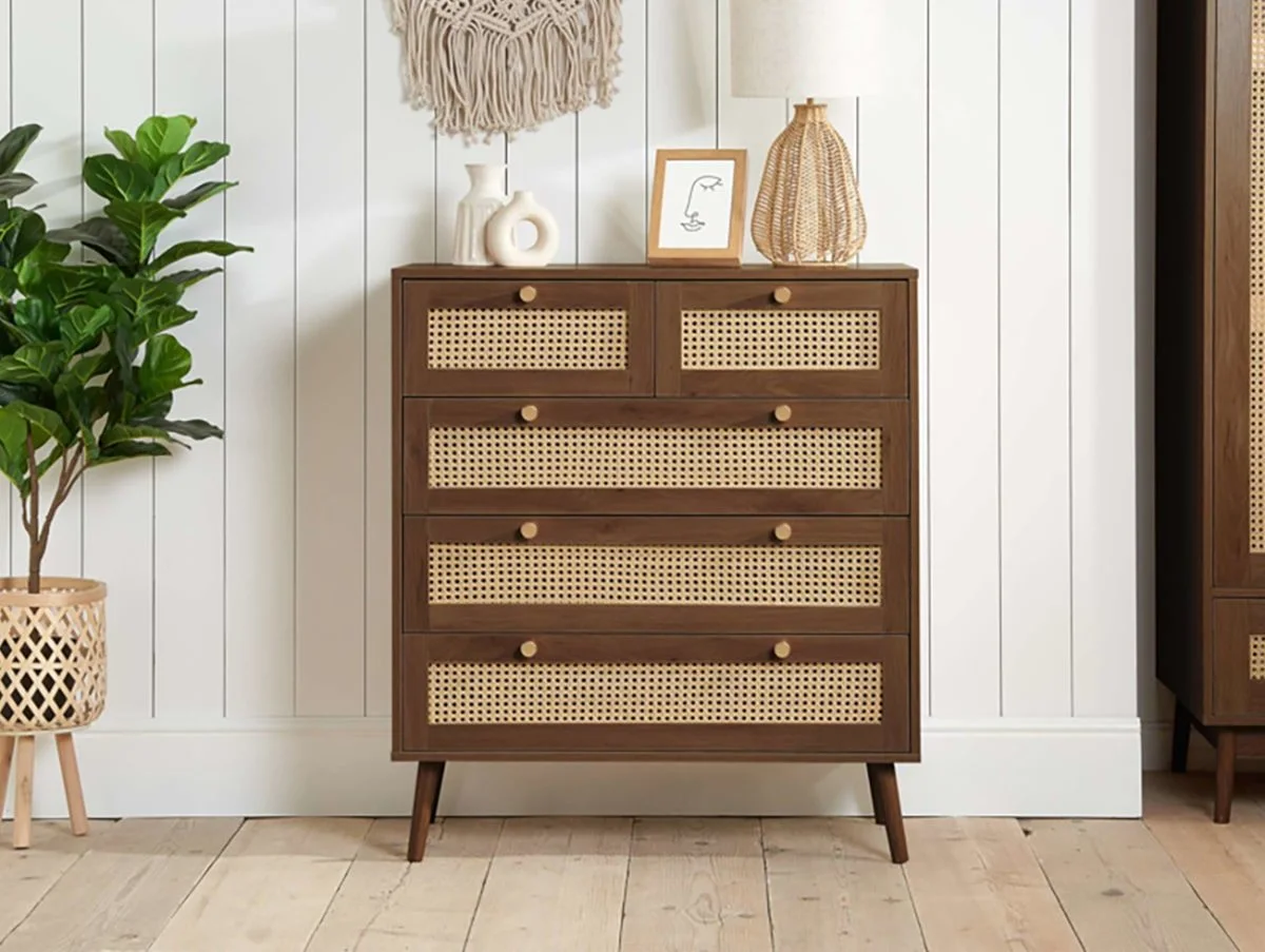 Birlea Birlea Croxley Rattan and Walnut 3+2 Drawer Chest of Drawers