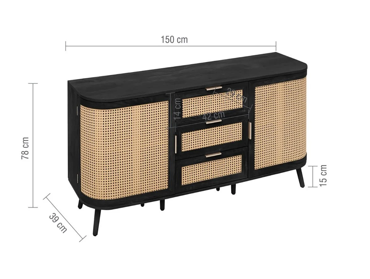 Birlea Birlea Noah Rattan and Black 2 Door 3 Drawer Sideboard