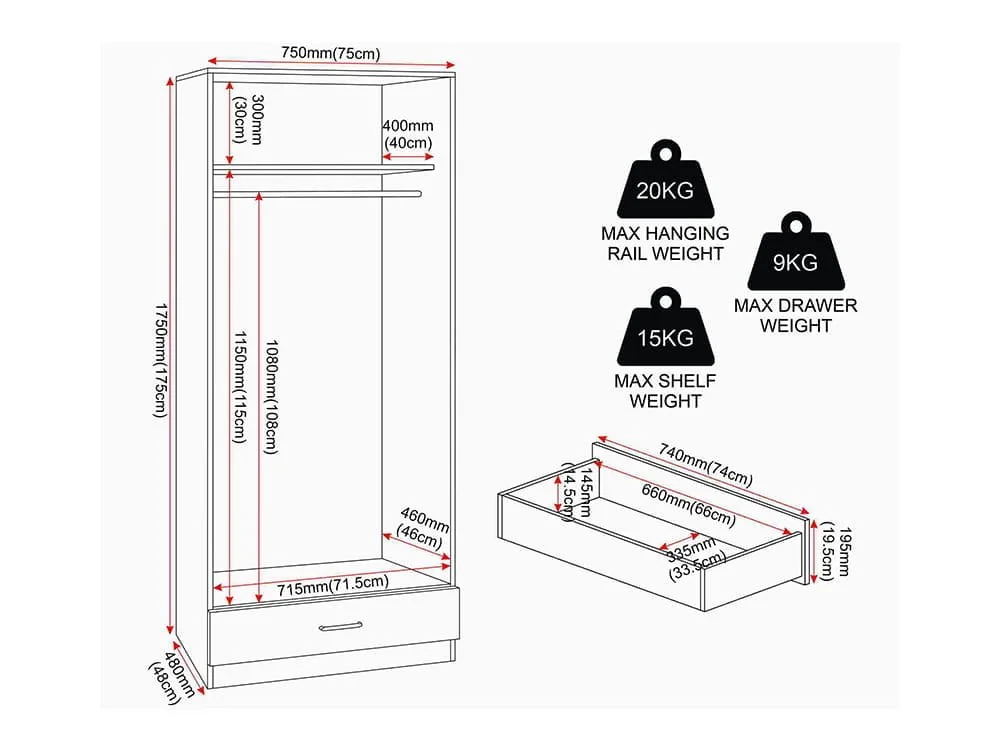 Seconique Seconique Dakota Dark Grey 2 Door 1 Drawer Mirrored Wardrobe
