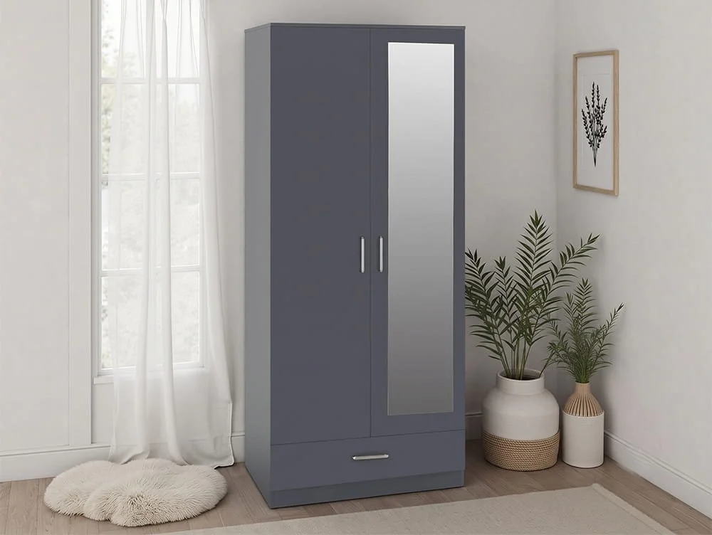 Seconique Seconique Dakota Dark Grey 2 Door 1 Drawer Mirrored Wardrobe