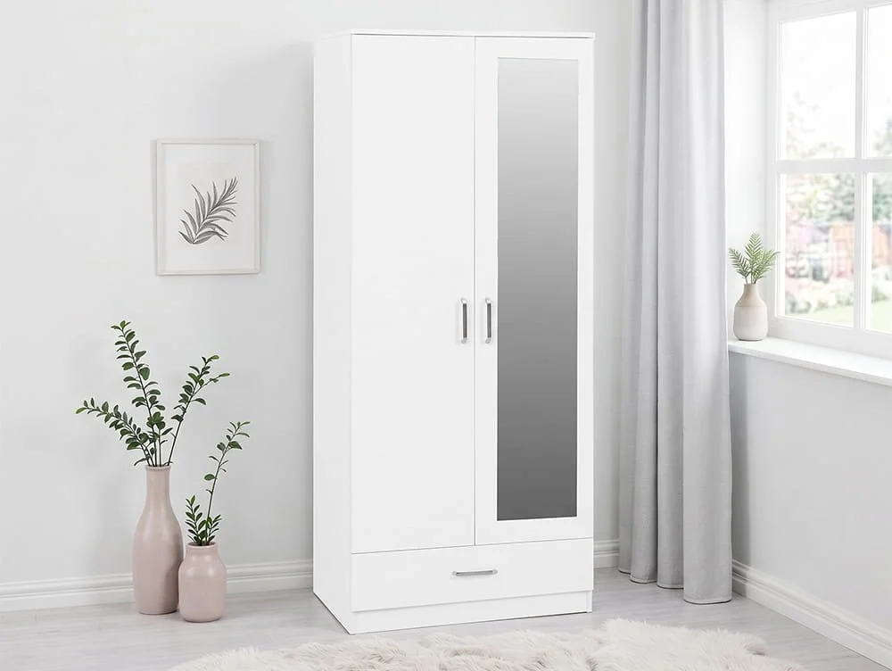 Seconique Seconique Dakota White 2 Door 1 Drawer Mirrored Wardrobe