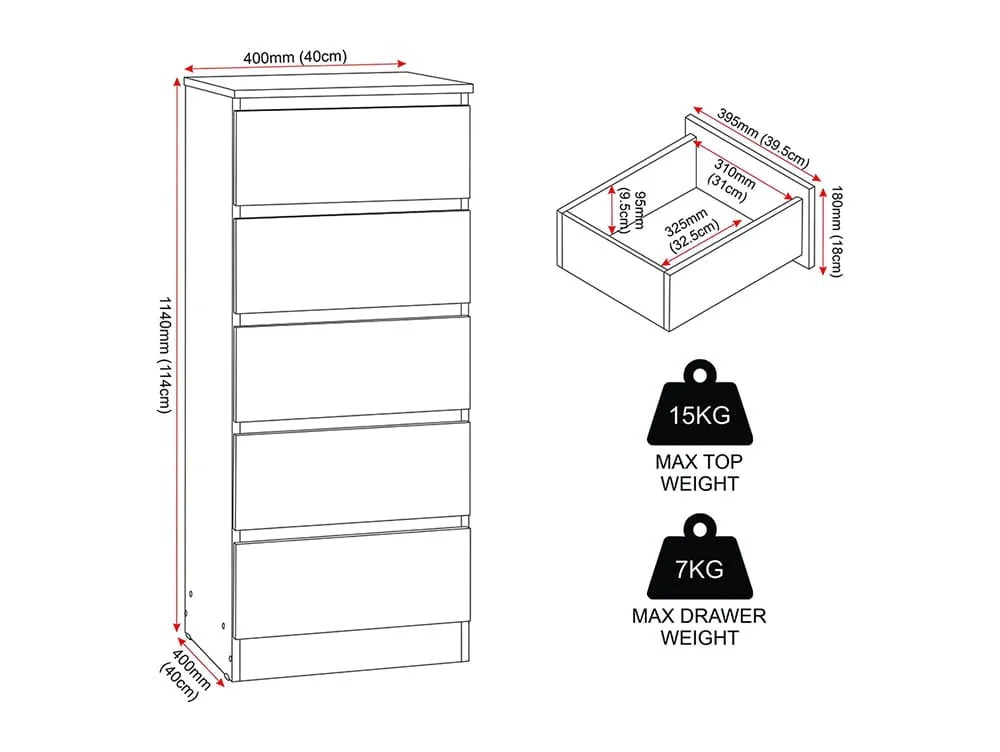 Seconique Seconique Malvern White 5 Drawer Narrow Chest of Drawers