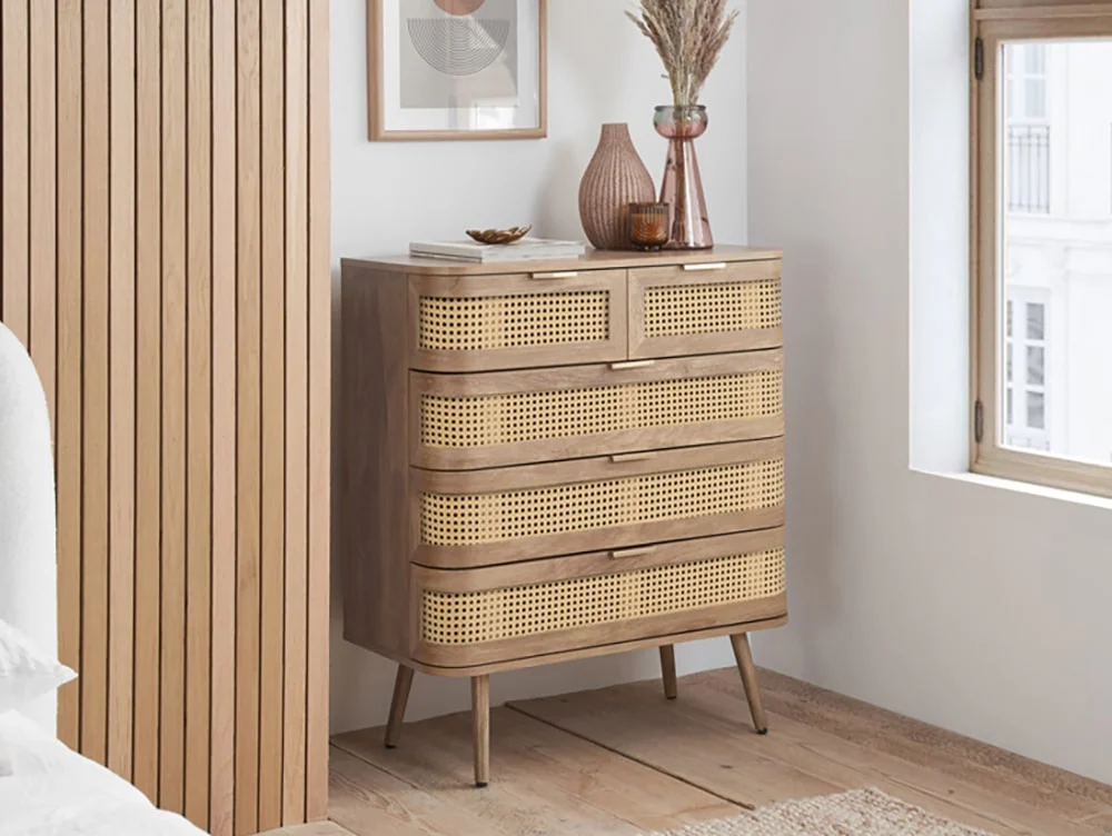 Birlea Clearance - Birlea Noah Rattan and Oak 5 Drawer Chest of Drawers