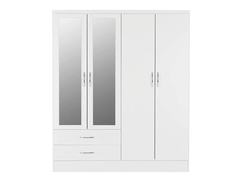 Seconique Clearance - Seconique Nevada White High Gloss 4 Door 2 Drawer Mirrored Wardrobe