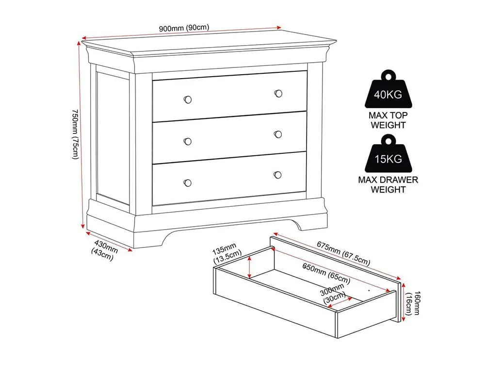 Seconique Seconique Bordeaux Ivory Wooden 3 Drawer Chest of Drawers