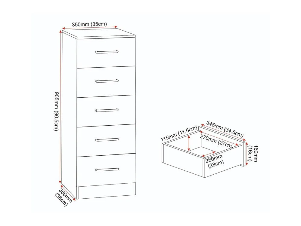 Seconique Seconique Dakota White Wooden 5 Drawer Narrow Chest of Drawers