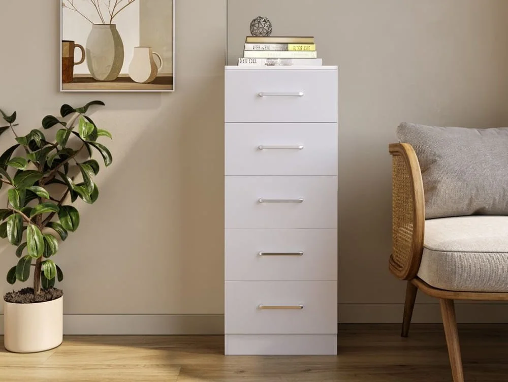 Seconique Seconique Dakota White Wooden 5 Drawer Narrow Chest of Drawers