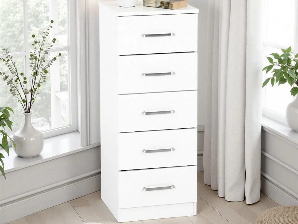 Seconique Seconique Dakota White Wooden 5 Drawer Narrow Chest of Drawers