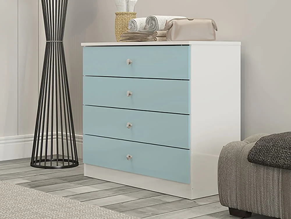Seconique Seconique Denver White and Blue Gloss 4 Drawer Chest of Drawers
