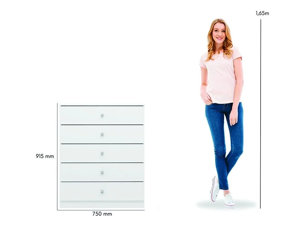 Seconique Seconique Denver White Gloss 5 Drawer Chest of Drawers