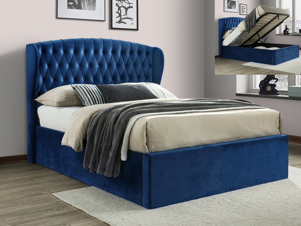 Bedmaster Bedmaster Warwick 4ft6 Double Blue Velvet Upholstered Fabric Ottoman Bed Frame