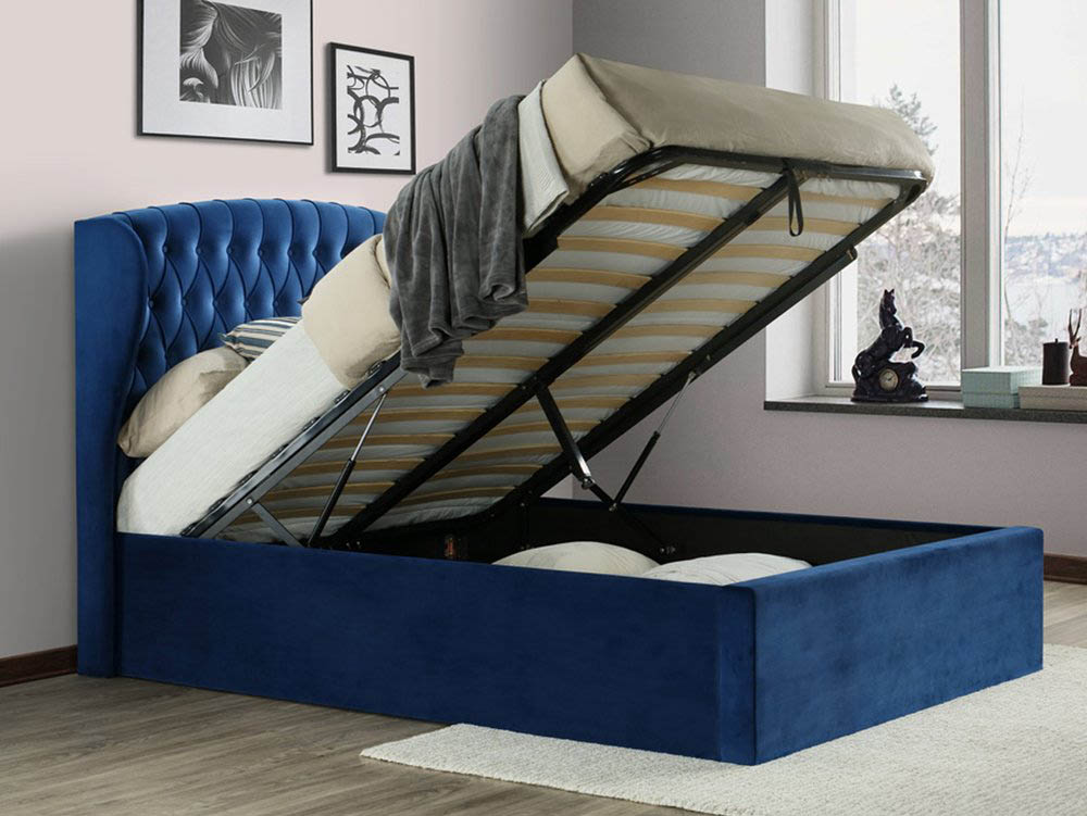 Bedmaster Bedmaster Warwick 4ft6 Double Blue Velvet Upholstered Fabric Ottoman Bed Frame
