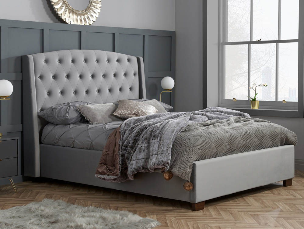 Grey Upholstered Fabric Bed Frame, Grey Upholstered King Size Bed Frame