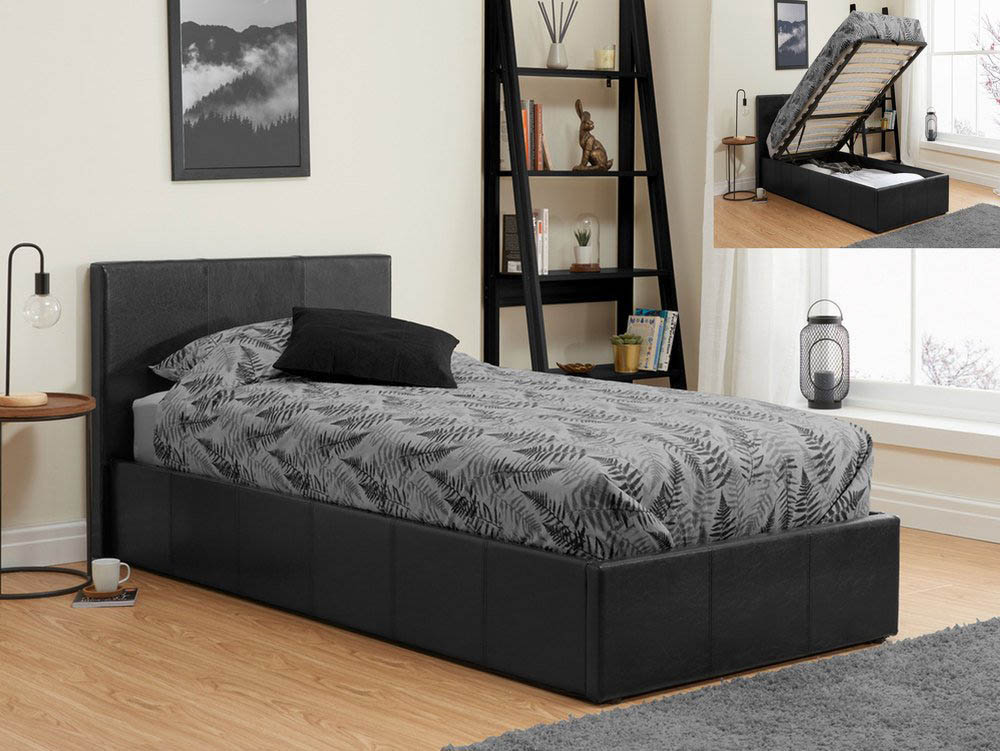 Birlea Berlin 3ft Single Black, Black Faux Leather Ottoman Bed