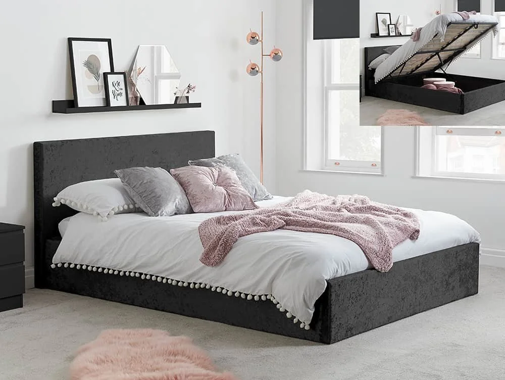 Birlea Furniture & Beds Birlea Berlin 4ft6 Double Black Crushed Velvet Glitz Fabric Ottoman Bed Frame