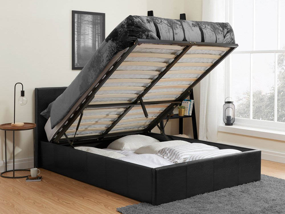 Birlea Berlin 5ft King Size Black Upholstered Faux Leather Ottoman Bed Archers Sleepcentre Faux Leather Ottoman Bed, Short King Size Bed Frame