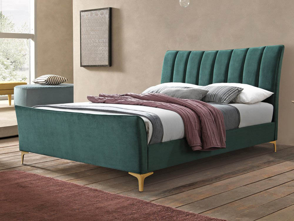 Asc Cassius 5ft King Size Green Velvet, Double Bed Frame With Curved Headboard