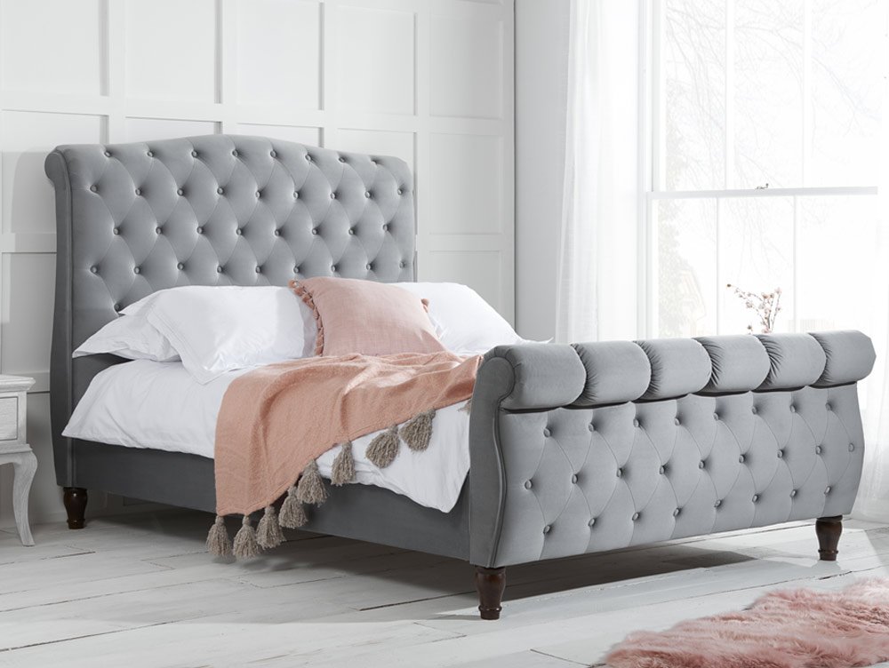 Grey Upholstered Fabric Bed Frame, Grey Wooden Sleigh Bed Super King