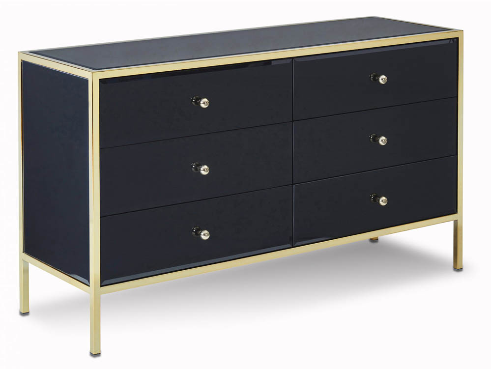 Birlea Birlea Fenwick Black Glass and Gold 6 Drawer Chest of Drawers (Assembled)