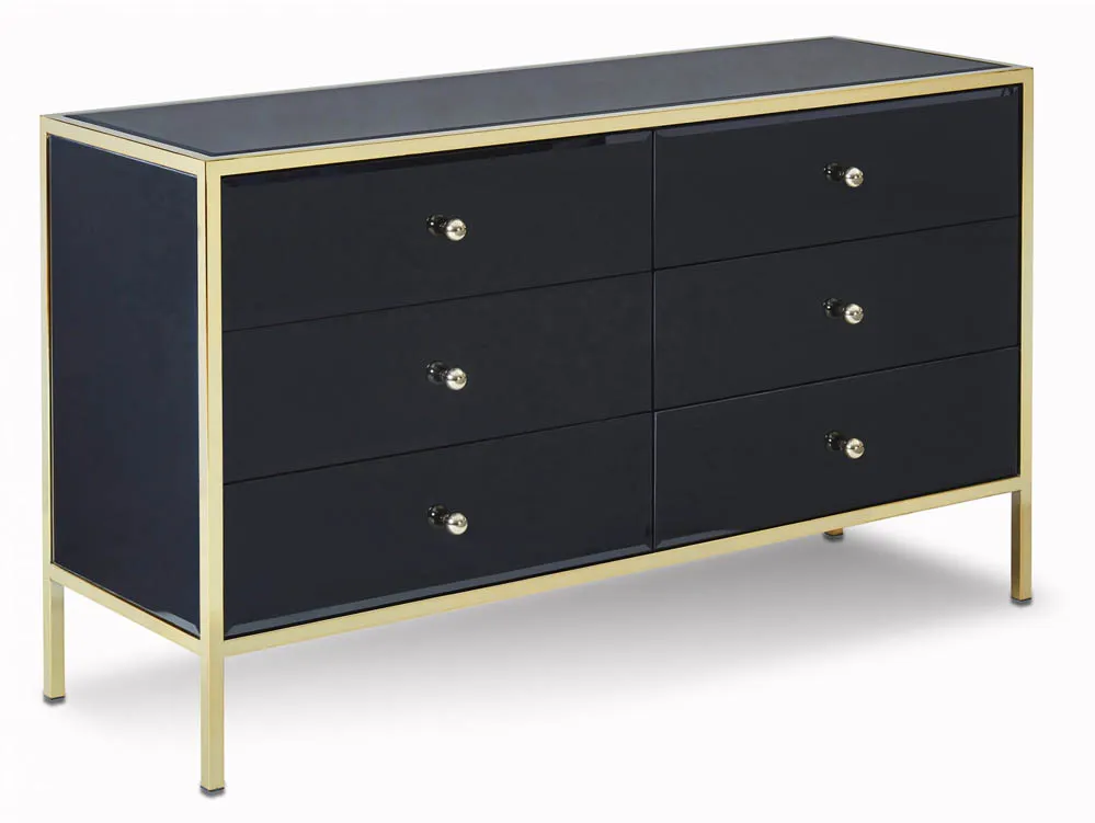 Birlea Birlea Fenwick Black Glass and Gold 6 Drawer Chest of Drawers (Assembled)