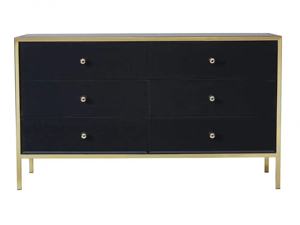 Birlea Furniture & Beds Birlea Fenwick Black Glass and Gold 6 Drawer Chest of Drawers (Assembled)