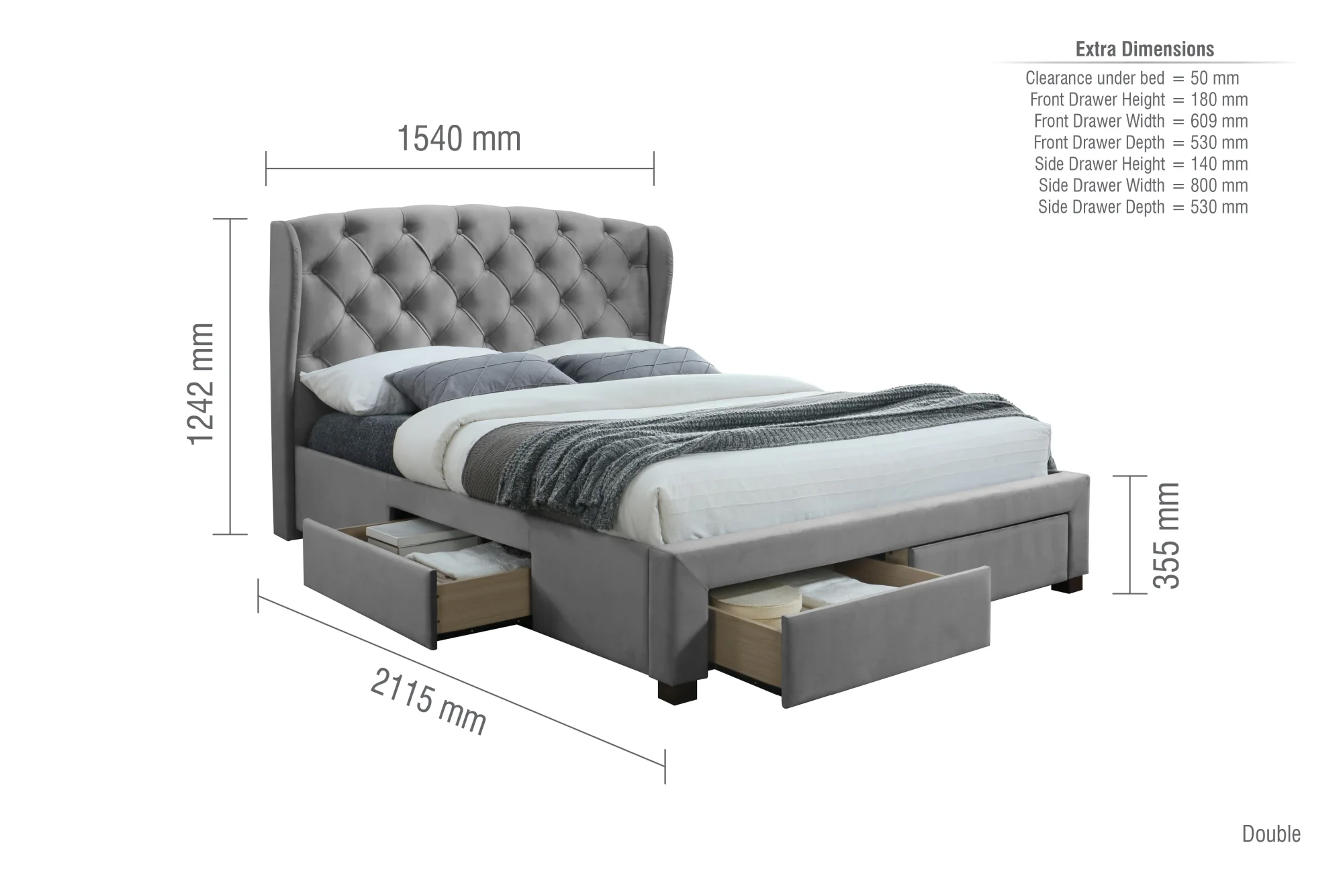 Birlea Furniture & Beds Birlea Hope 4ft6 Double Grey Velvet Fabric 4 Drawer Bed Frame