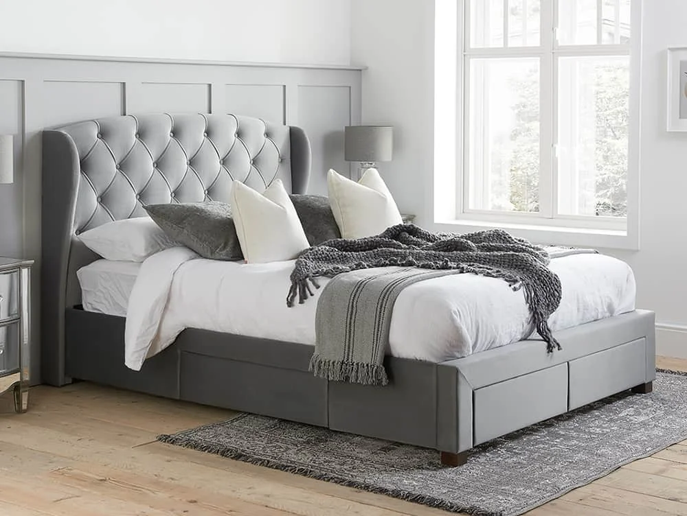 Birlea Furniture & Beds Birlea Hope 4ft6 Double Grey Velvet Fabric 4 Drawer Bed Frame