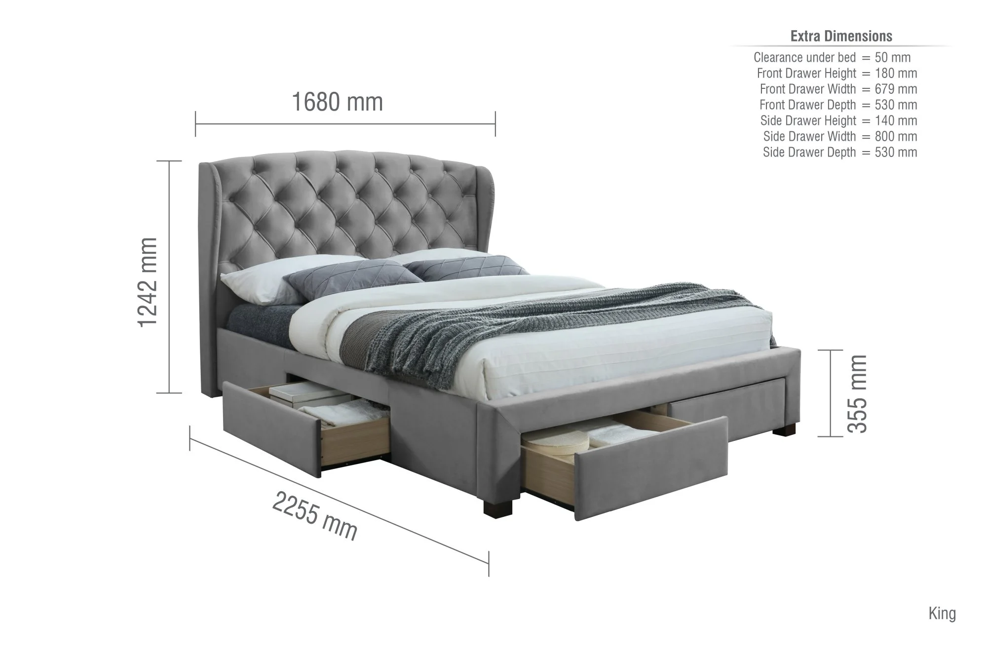 Birlea Furniture & Beds Birlea Hope 5ft King Size Grey Velvet Fabric 4 Drawer Bed Frame