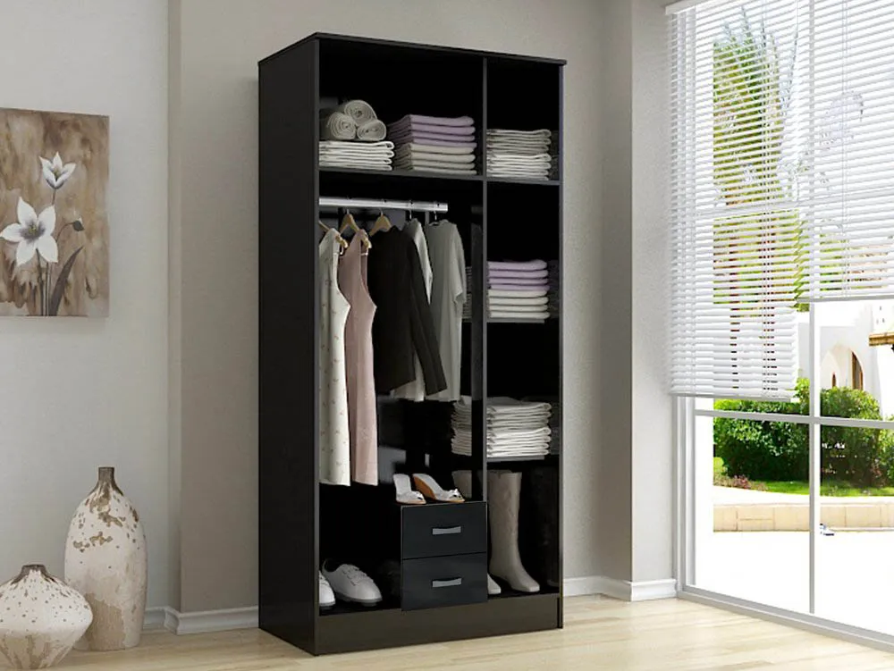 Birlea Furniture & Beds Birlea Lynx Black High Gloss 3 Door 2 Drawer Mirrored Triple Wardrobe