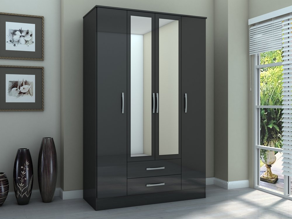 Birlea Birlea Lynx Black High Gloss 4 Door 2 Drawer Mirrored Large Wardrobe (Flat Packed)