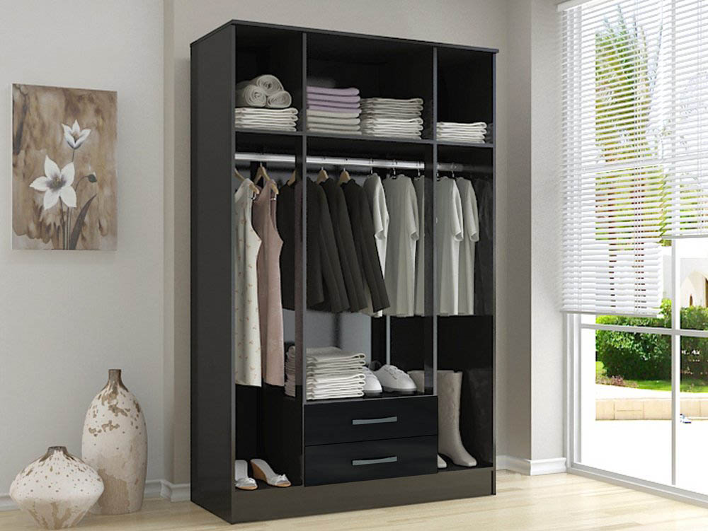 Birlea Birlea Lynx Black High Gloss 4 Door 2 Drawer Mirrored Large Wardrobe (Flat Packed)