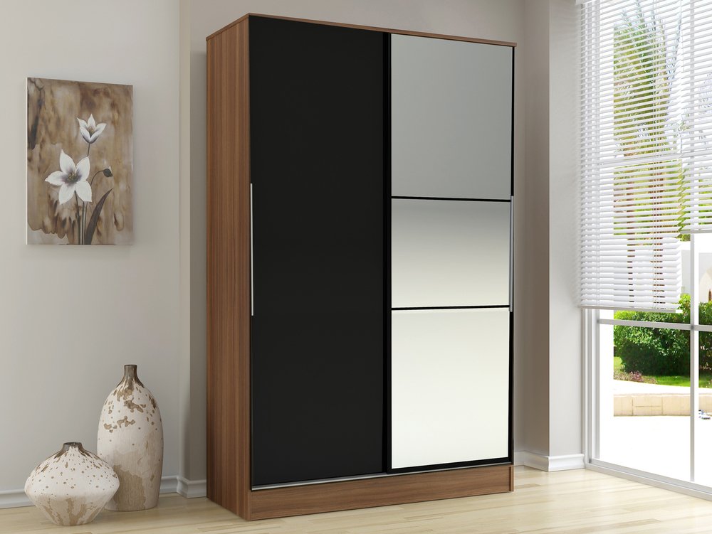 Birlea Lynx Black High Gloss And Walnut Sliding Door Mirrored Large Double Wardrobe Flat Packed Archers Sleepcentre Birlea Lynx Black High Gloss And Walnut, Walnut Sliding Wardrobe Doors