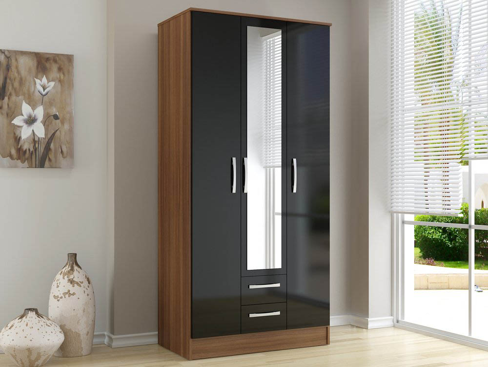 Birlea Birlea Lynx Black High Gloss and Walnut 3 Door 2 Drawer Mirrored Triple Wardrobe (Flat Packed)
