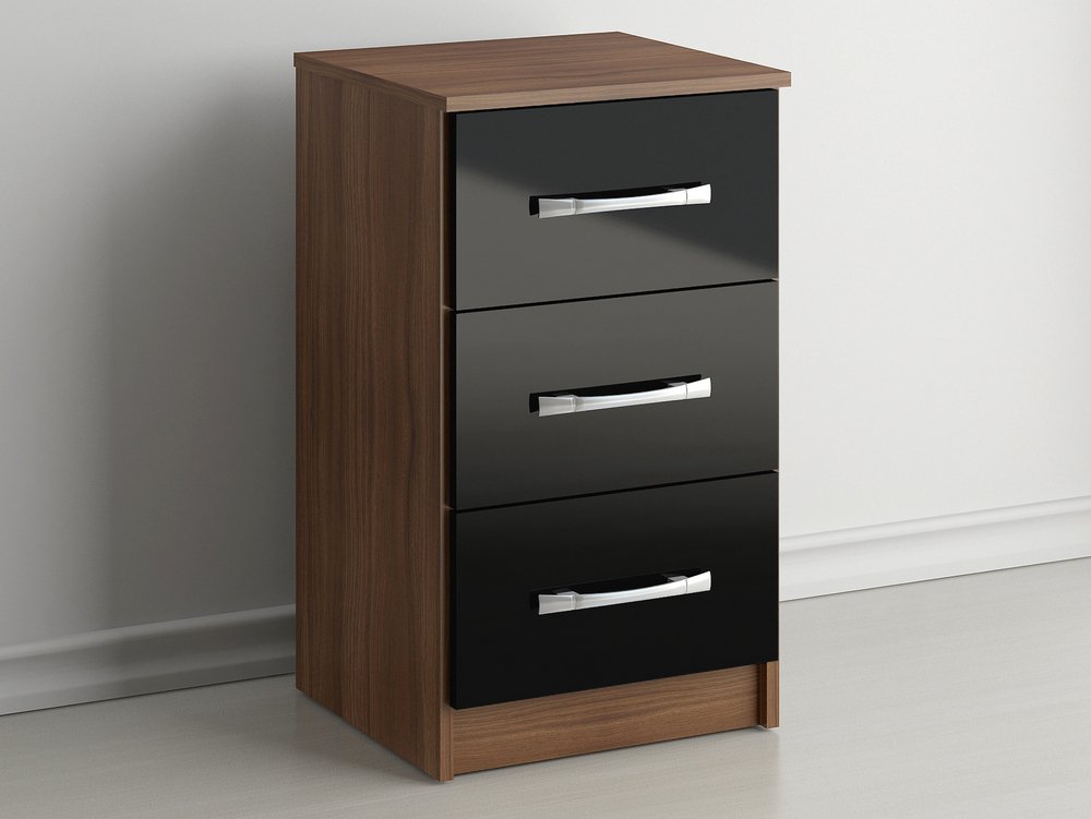 Birlea Birlea Lynx Black High Gloss and Walnut 3 Drawer Bedside Cabinet (Flat Packed)