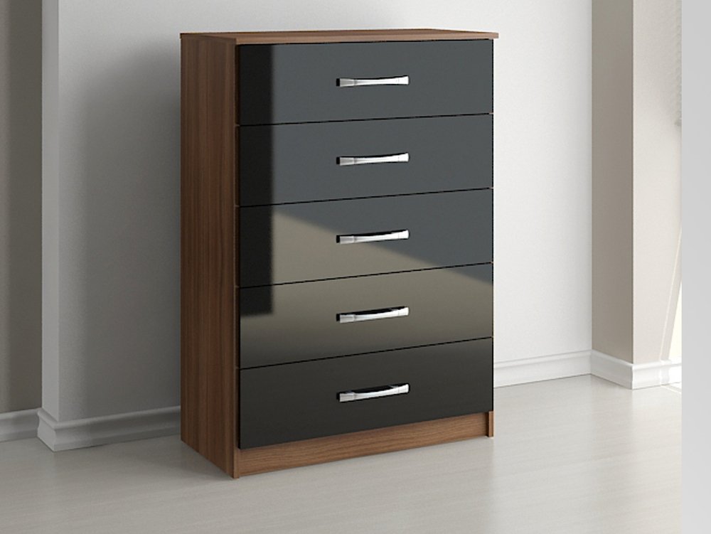 Birlea Birlea Lynx Black High Gloss and Walnut 5 Drawer Chest of Drawers (Flat Packed)