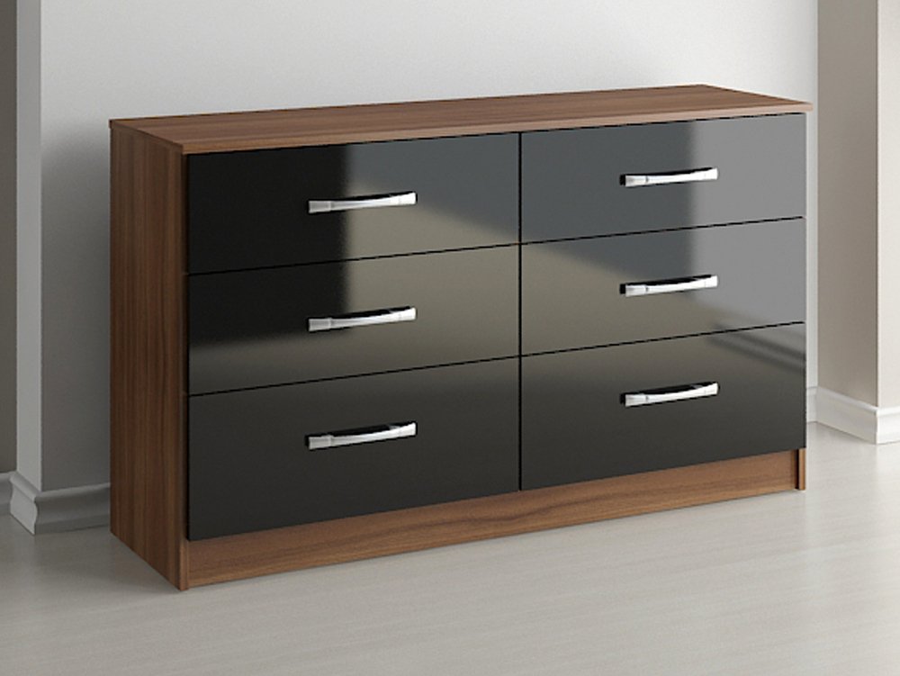 Birlea Birlea Lynx Black High Gloss and Walnut 6 Drawer Chest of Drawers (Flat Packed)