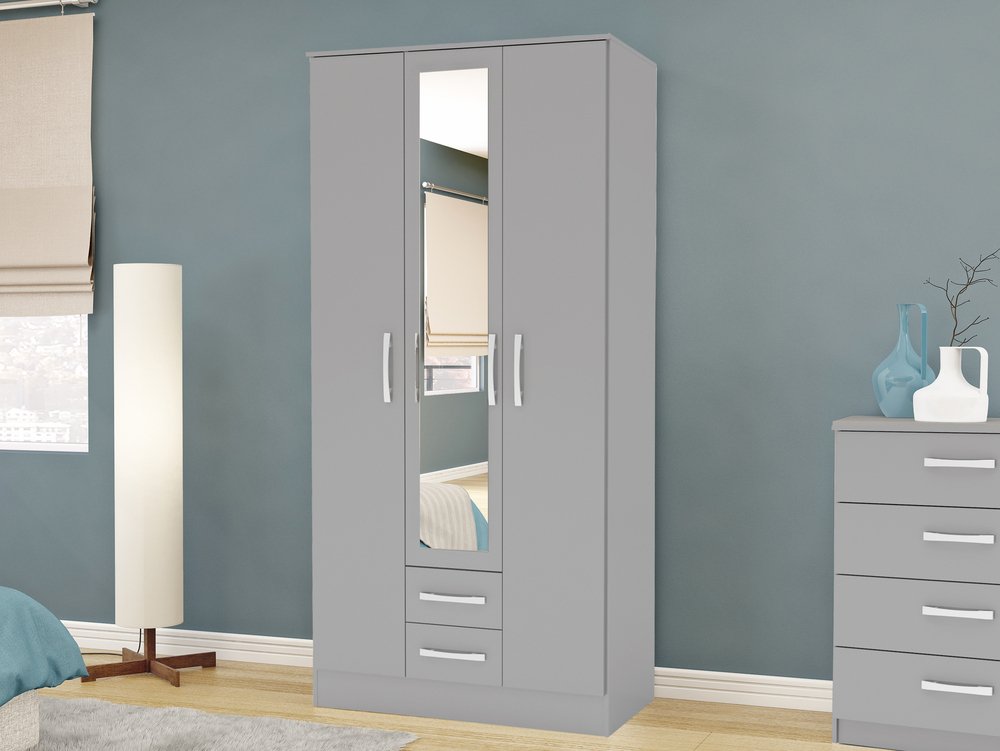 Birlea Birlea Lynx Grey High Gloss 3 Door 2 Drawer Mirrored Triple Wardrobe (Flat Packed)