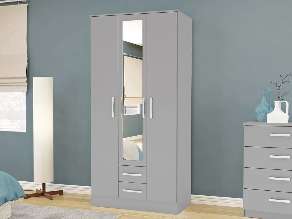 Birlea Furniture & Beds Birlea Lynx Grey High Gloss 3 Door 2 Drawer Mirrored Triple Wardrobe